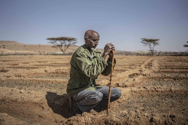 Ali Shira Omar kneels beside his abandoned crop plot, a victim of the drought